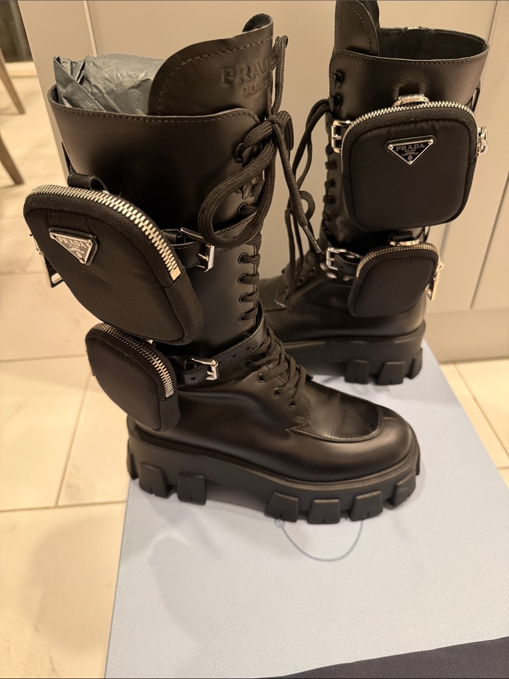 Prada Black Leather Tall Lace-Up Combat Boots with Lug Sole - Picture 3 of 6